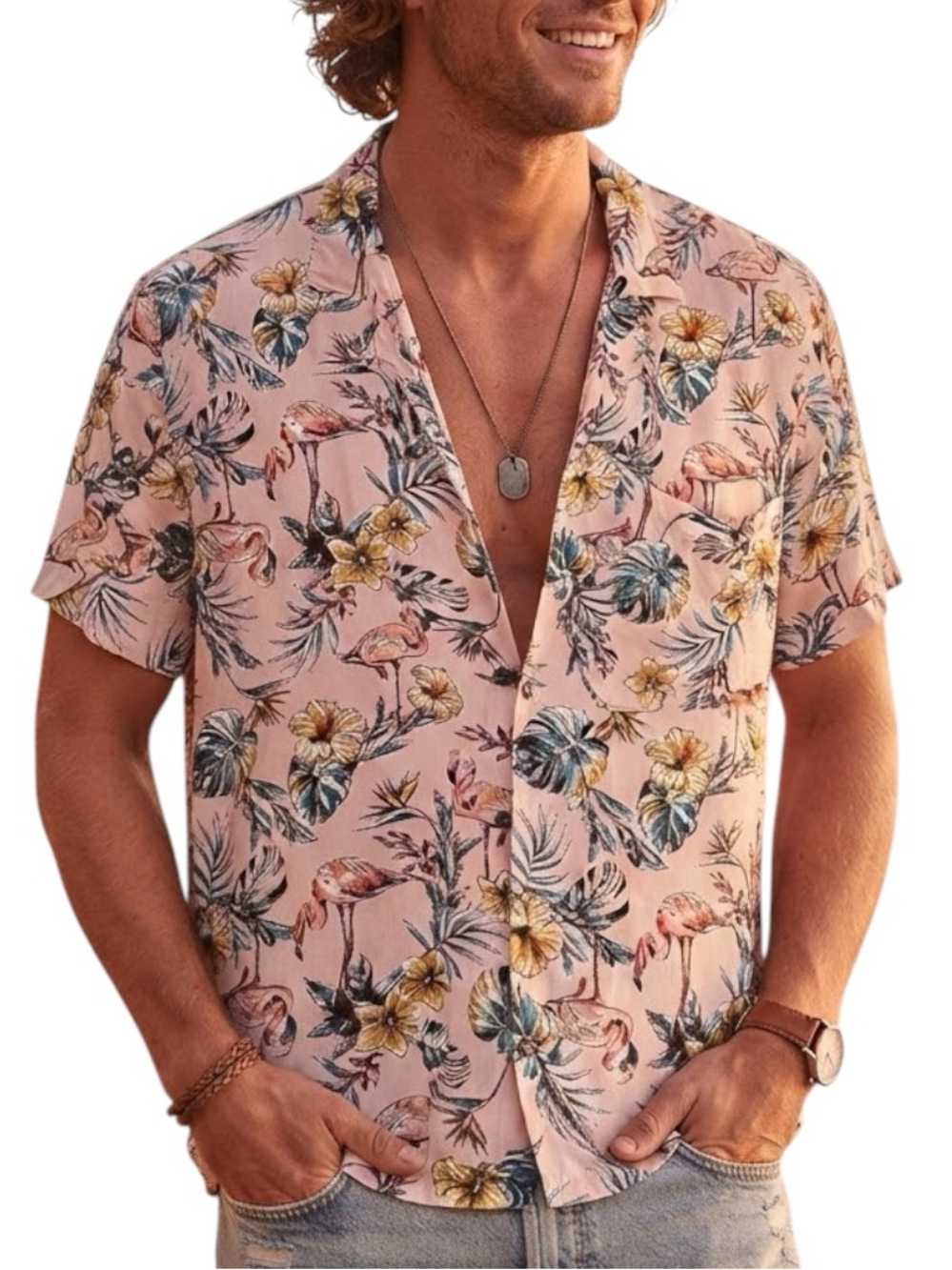 GEORGE Flamingo Paradise Tropical Hawaiian Camp Shirt Size XL